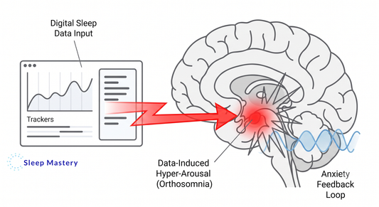 Clinical medical diagram illustrating orthosomnia, demonstrating the negative neurological feedback loop where sleep tracking data induces cognitive hyper-arousal and beta-wave anxiety.