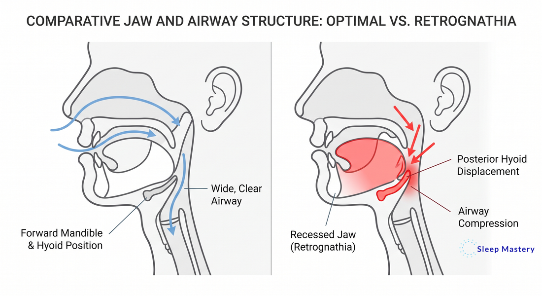 Clinical anatomical diagram comparing optimal forward jaw structure to a recessed mandible, demonstrating how posterior hyoid bone displacement causes severe airway compression and sleep disruption.