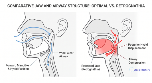 Clinical anatomical diagram comparing optimal forward jaw structure to a recessed mandible, demonstrating how posterior hyoid bone displacement causes severe airway compression and sleep disruption.