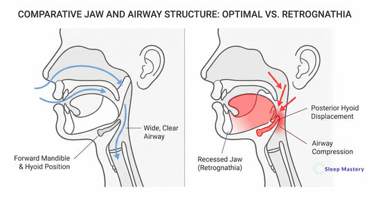 Clinical anatomical diagram comparing optimal forward jaw structure to a recessed mandible, demonstrating how posterior hyoid bone displacement causes severe airway compression and sleep disruption.