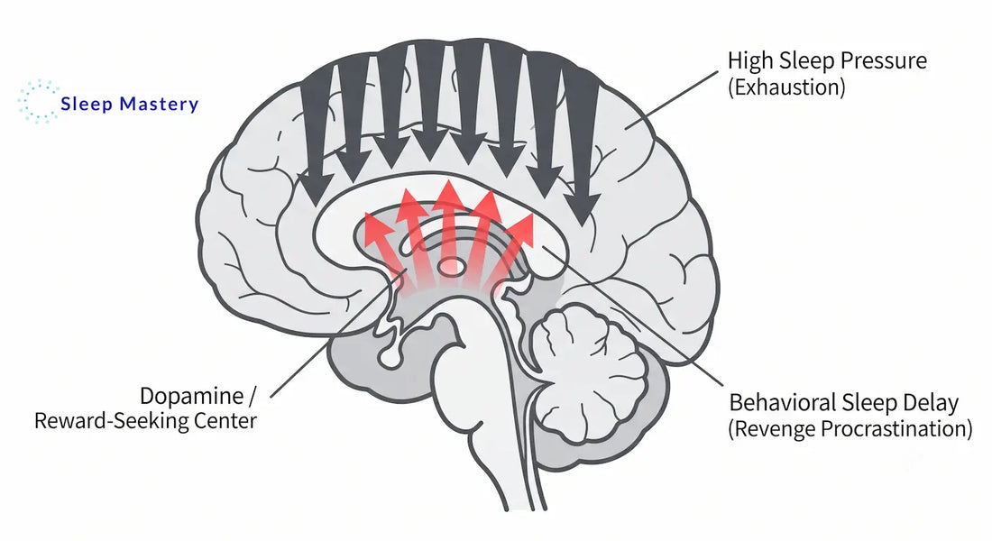 Clinical medical diagram illustrating the neurological conflict of revenge bedtime procrastination, demonstrating how compensatory dopamine-seeking in the brain's reward center actively blocks high sleep pressure and adenosine build up.