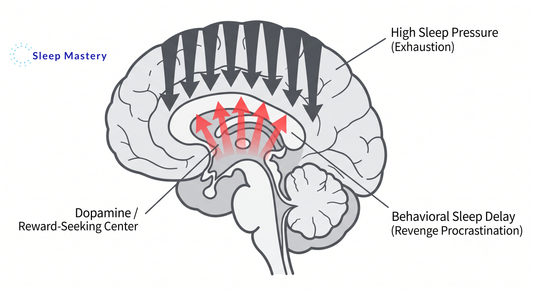 Clinical medical diagram illustrating the neurological conflict of revenge bedtime procrastination, demonstrating how compensatory dopamine-seeking in the brain's reward center actively blocks high sleep pressure and adenosine build up.
