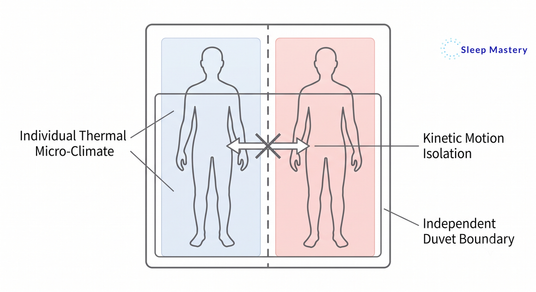 Clinical schematic diagram illustrating the Scandinavian sleep method, demonstrating how a dual-duvet system creates individual thermal micro-climates and kinetic motion isolation for couples.