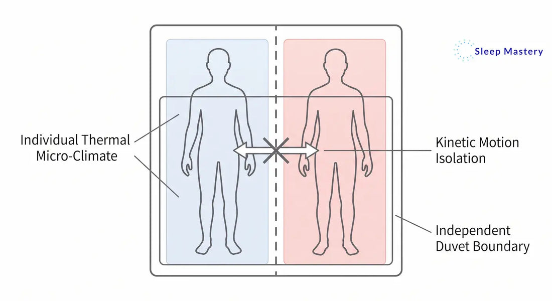 Clinical schematic diagram illustrating the Scandinavian sleep method, demonstrating how a dual-duvet system creates individual thermal micro-climates and kinetic motion isolation for couples.