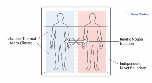 Clinical schematic diagram illustrating the Scandinavian sleep method, demonstrating how a dual-duvet system creates individual thermal micro-climates and kinetic motion isolation for couples.