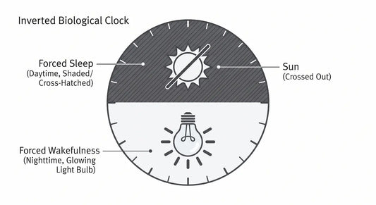 Clinical conceptual diagram illustrating the inverted circadian rhythm and biological desynchrony caused by night shift work.