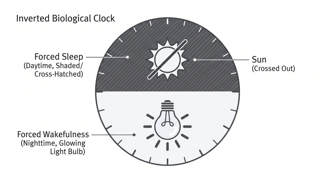 Clinical conceptual diagram illustrating the inverted circadian rhythm and biological desynchrony caused by night shift work.