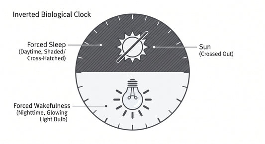 Clinical conceptual diagram illustrating the inverted circadian rhythm and biological desynchrony caused by night shift work.