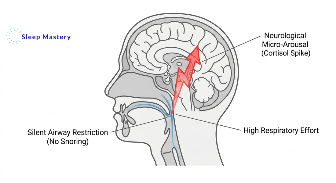 Clinical anatomical diagram illustrating silent sleep apnea and UARS, demonstrating how a partially restricted airway requires high respiratory effort, triggering a neurological micro-arousal and cortisol spike without audible snoring.