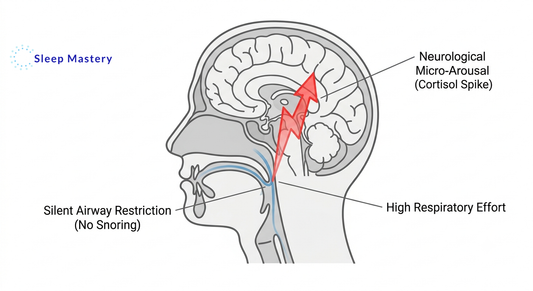 Clinical anatomical diagram illustrating silent sleep apnea and UARS, demonstrating how a partially restricted airway requires high respiratory effort, triggering a neurological micro-arousal and cortisol spike without audible snoring.