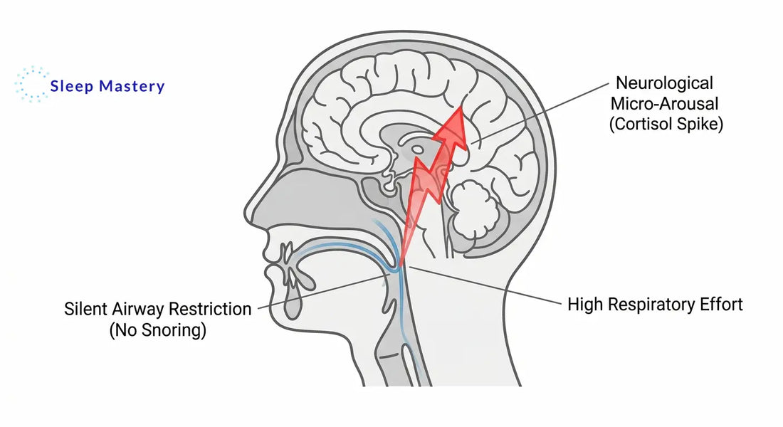 Clinical anatomical diagram illustrating silent sleep apnea and UARS, demonstrating how a partially restricted airway requires high respiratory effort, triggering a neurological micro-arousal and cortisol spike without audible snoring.