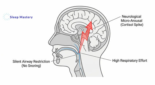 Clinical anatomical diagram illustrating silent sleep apnea and UARS, demonstrating how a partially restricted airway requires high respiratory effort, triggering a neurological micro-arousal and cortisol spike without audible snoring.