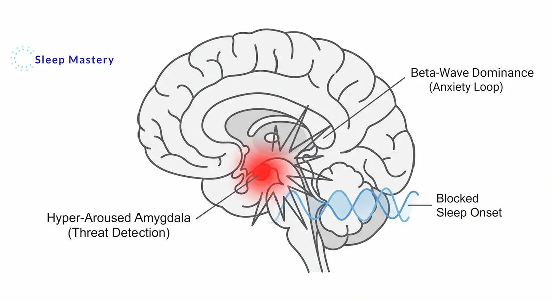 Clinical medical diagram illustrating cognitive hyper-arousal and sleep anxiety, demonstrating how an overactive amygdala and beta-wave dominance block natural sleep onset.