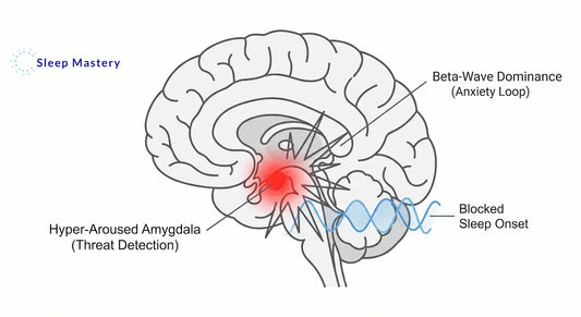 Clinical medical diagram illustrating cognitive hyper-arousal and sleep anxiety, demonstrating how an overactive amygdala and beta-wave dominance block natural sleep onset.