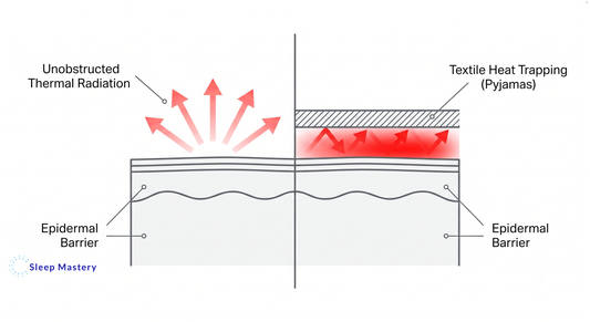 Medical cross-section diagram comparing unobstructed epidermal heat radiation when sleeping naked versus the thermal heat trapping effect caused by clothing and pyjamas.