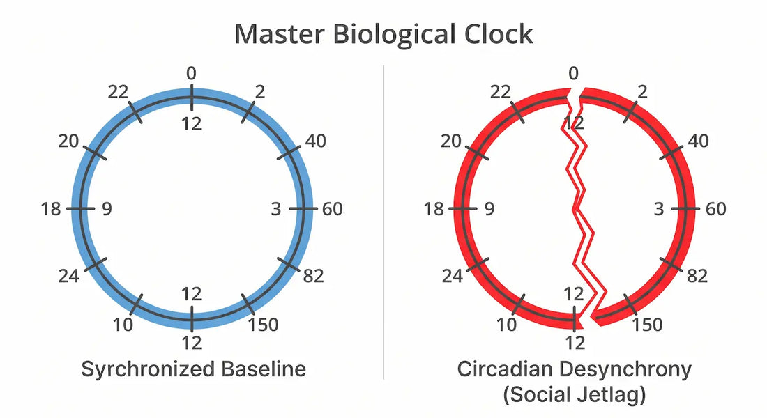 Conceptual clinical diagram illustrating the circadian desynchrony and biological clock misalignment caused by social jetlag and shifting weekend wake times.