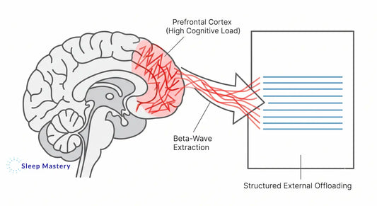 Clinical medical diagram illustrating the neurological process of cognitive offloading, demonstrating how extracting active beta waves from the prefrontal cortex into a structured format stops racing thoughts at night.