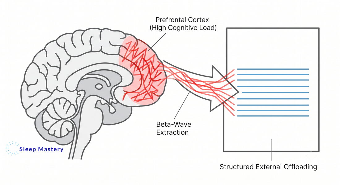 Clinical medical diagram illustrating the neurological process of cognitive offloading, demonstrating how extracting active beta waves from the prefrontal cortex into a structured format stops racing thoughts at night.