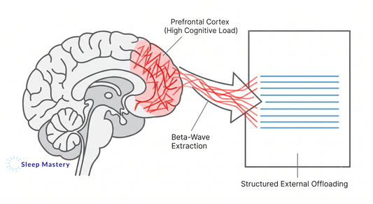 Clinical medical diagram illustrating the neurological process of cognitive offloading, demonstrating how extracting active beta waves from the prefrontal cortex into a structured format stops racing thoughts at night.