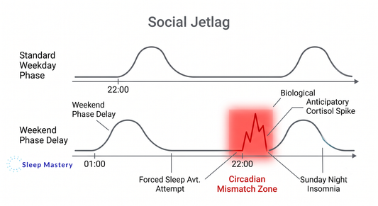 Clinical medical diagram illustrating the biological cause of Sunday night insomnia, demonstrating how weekend social jetlag creates a circadian mismatch and anticipatory cortisol spike when trying to sleep.
