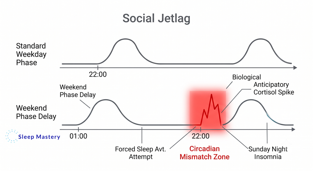 Clinical medical diagram illustrating the biological cause of Sunday night insomnia, demonstrating how weekend social jetlag creates a circadian mismatch and anticipatory cortisol spike when trying to sleep.
