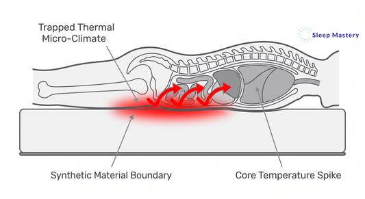 Educational diagram demonstrating how dense synthetic materials create a trapped thermal micro-climate, explaining the core temperature spike and how a mattress causes night sweats.