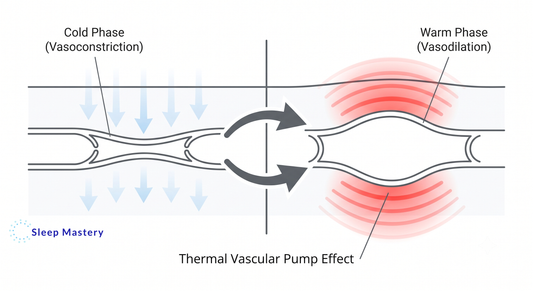 Clinical medical diagram explaining the thermal contrast protocol for sleep, demonstrating the vascular pump effect by showing alternating phases of vasoconstriction and vasodilation.