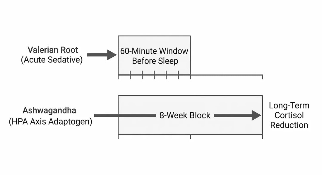 Clinical diagram comparing the biological timelines of Valerian Root as an acute sedative versus Ashwagandha as a long-term HPA axis adaptogen.