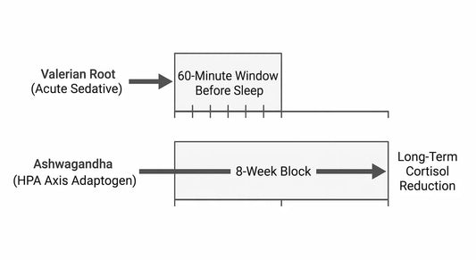 Clinical diagram comparing the biological timelines of Valerian Root as an acute sedative versus Ashwagandha as a long-term HPA axis adaptogen.