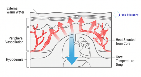 Clinical medical diagram explaining the warm shower paradox, demonstrating how external heat triggers peripheral vasodilation to pull heat away from the internal organs and rapidly drop core body temperature for sleep onset.
