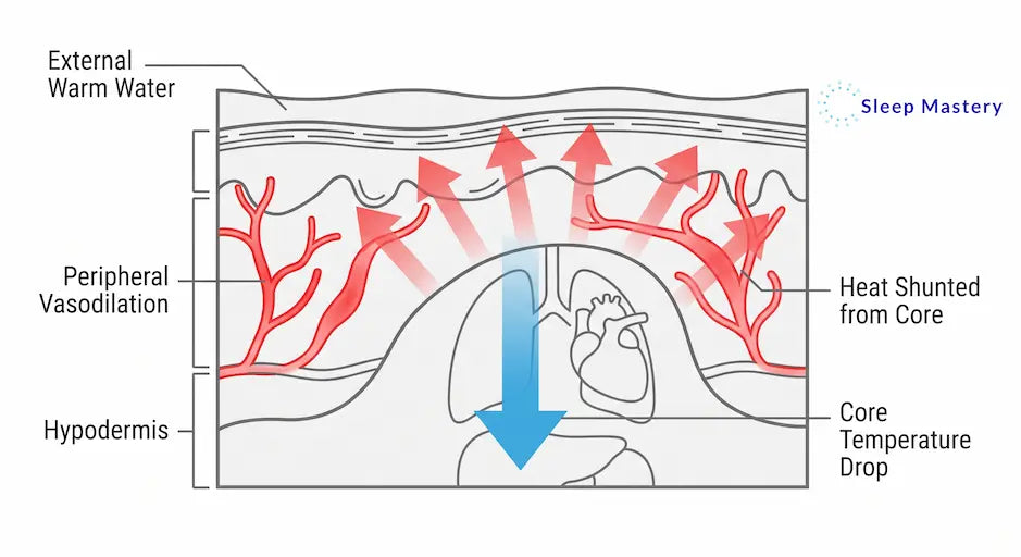 Clinical medical diagram explaining the warm shower paradox, demonstrating how external heat triggers peripheral vasodilation to pull heat away from the internal organs and rapidly drop core body temperature for sleep onset.