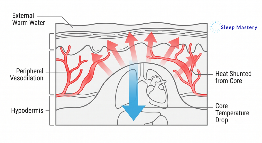 Clinical medical diagram explaining the warm shower paradox, demonstrating how external heat triggers peripheral vasodilation to pull heat away from the internal organs and rapidly drop core body temperature for sleep onset.