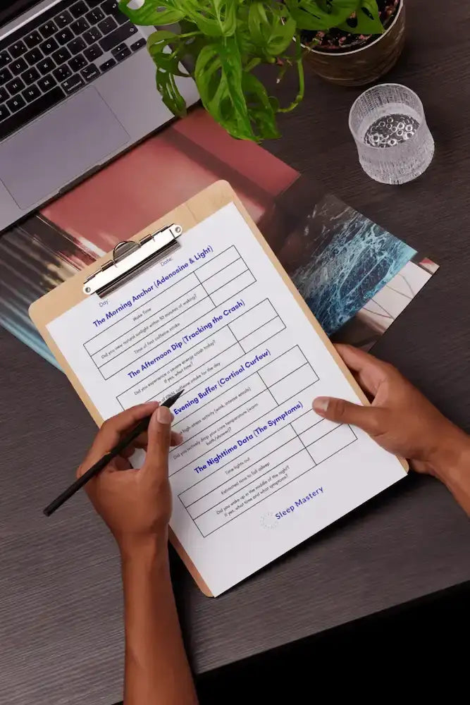 Person holding a clipboard with a form titled 'The Morning Anchor (Adenosine + Light' on a desk with a laptop and plant.
