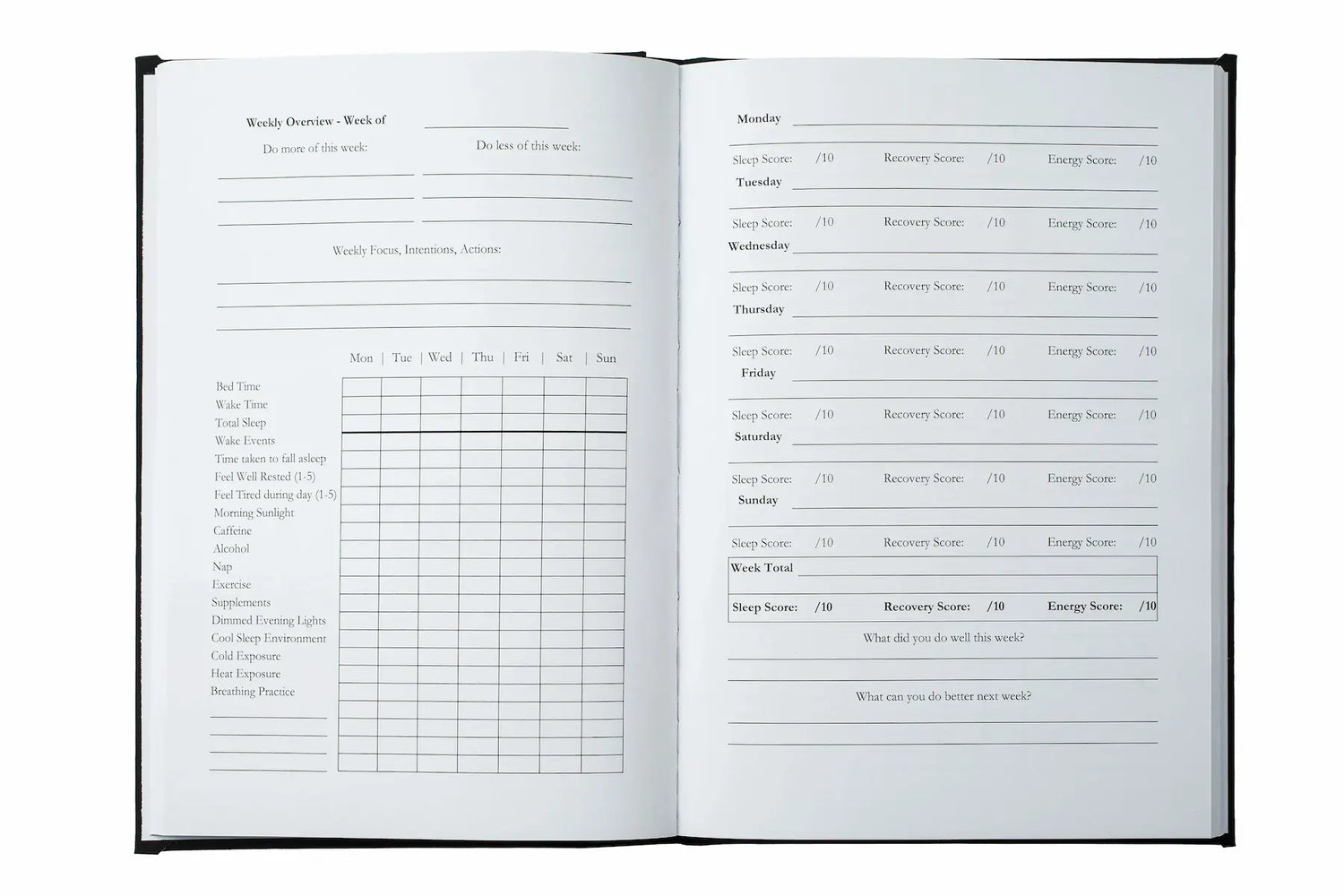 Inside of the sleep mastery journal, showing a weekly overview and a weekly tracker for sleep scores, recovery, and energy.