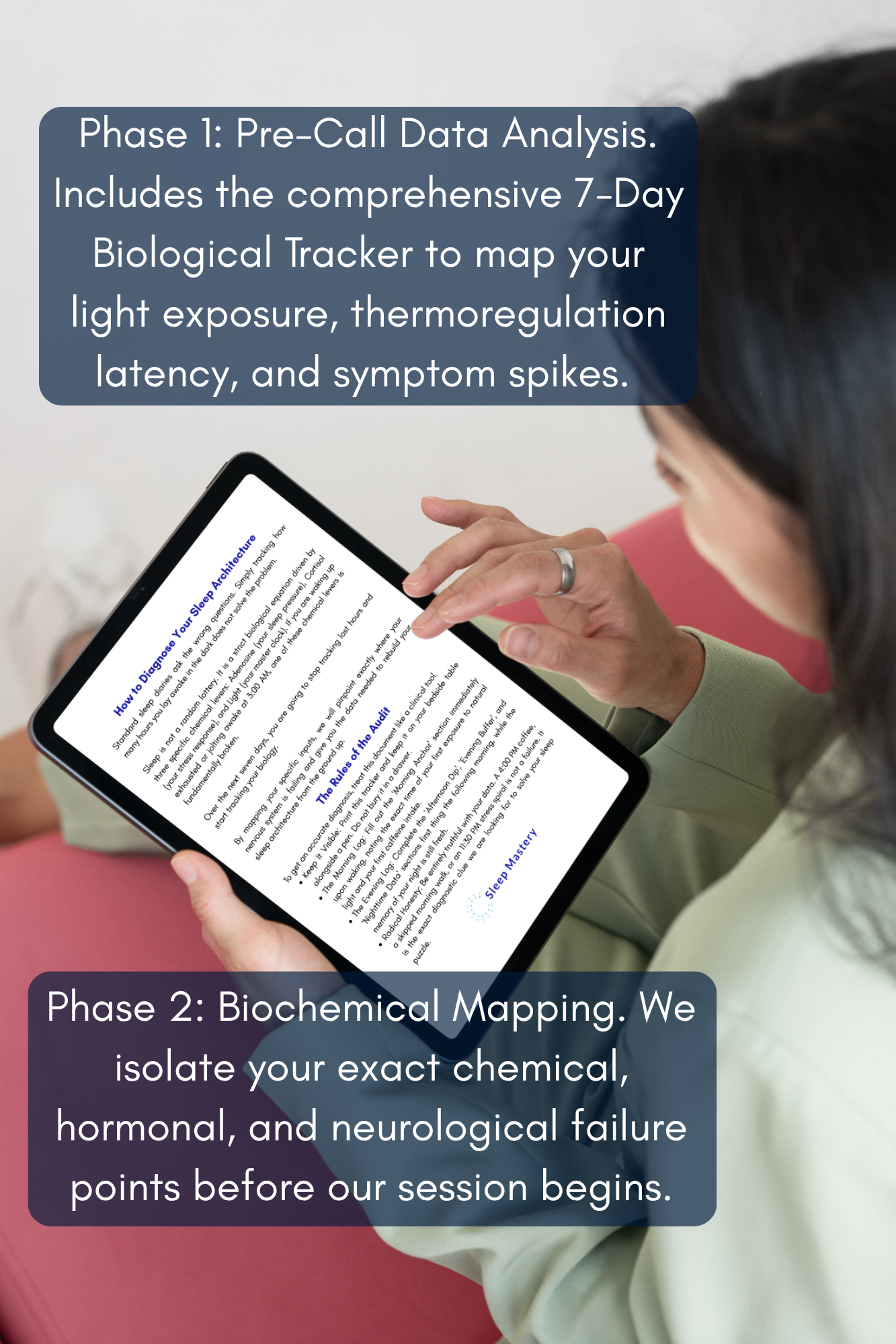 A person holding a tablet showing a digital document, with two dark blue text boxes overlaid describing phases of pre-call data analysis and biochemical mapping.