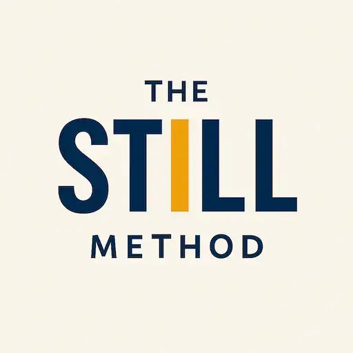 Logo for The Still Method featuring bold blue and yellow typography on a cream background.