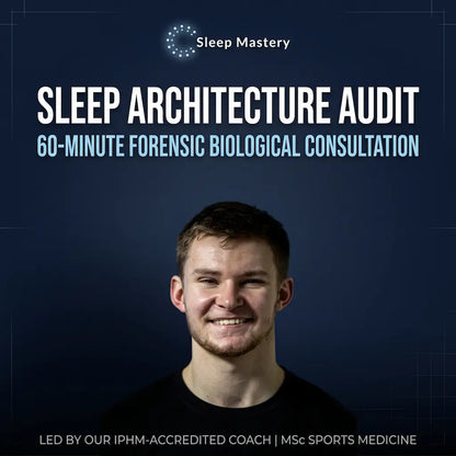 Promotional graphic for a Sleep Architecture Audit service, featuring a smiling man on a dark blue background with text reading 'Sleep Mastery' and 'SLEEP ARCHITECTURE AUDIT 60-MINUTE FORENSIC BIOLOGICAL CONSULTATION'.