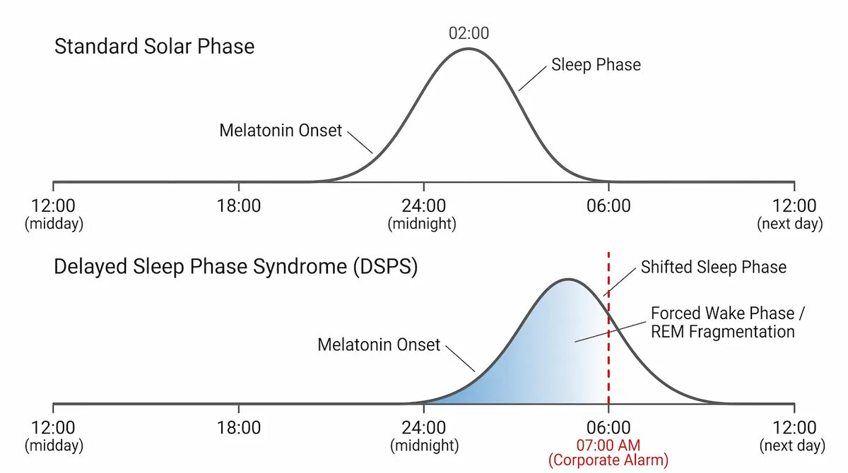 Medical timeline graph demonstrating Delayed Sleep Phase Syndrome (DSPS) circadian phase shift and REM fragmentation caused by forced morning wake times.