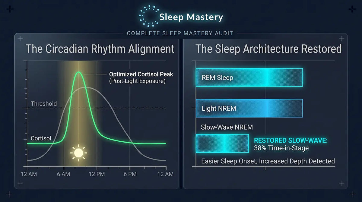 A digital infographic titled 'Sleep Mastery' on a dark blue background, showing two panels: 'The Circadian Rhythm Alignment' with a cortisol and light curve graph, and 'The Sleep Architecture Restored' with bar charts for REM sleep, light NREM, and restored slow-wave NREM.