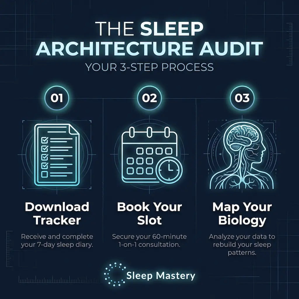 A dark blue promotional graphic for a sleep architecture audit service, showing a three-step process with glowing cyan icons and text: download tracker, book your slot, and map your biology, with the Sleep Mastery brand at the bottom.