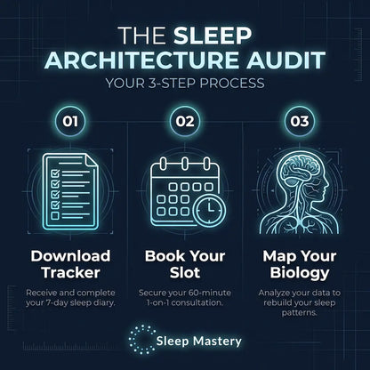A dark blue promotional graphic for a sleep architecture audit service, showing a three-step process with glowing cyan icons and text: download tracker, book your slot, and map your biology, with the Sleep Mastery brand at the bottom.