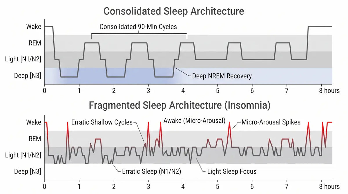Clinical hypnogram diagram comparing consolidated deep sleep architecture against sleep fragmentation and nocturnal micro-arousals in insomnia.