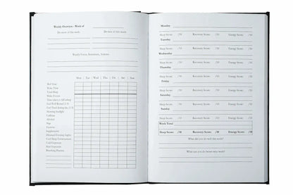 Inside of the sleep mastery journal, showing a weekly overview and a weekly tracker for sleep scores, recovery, and energy.
