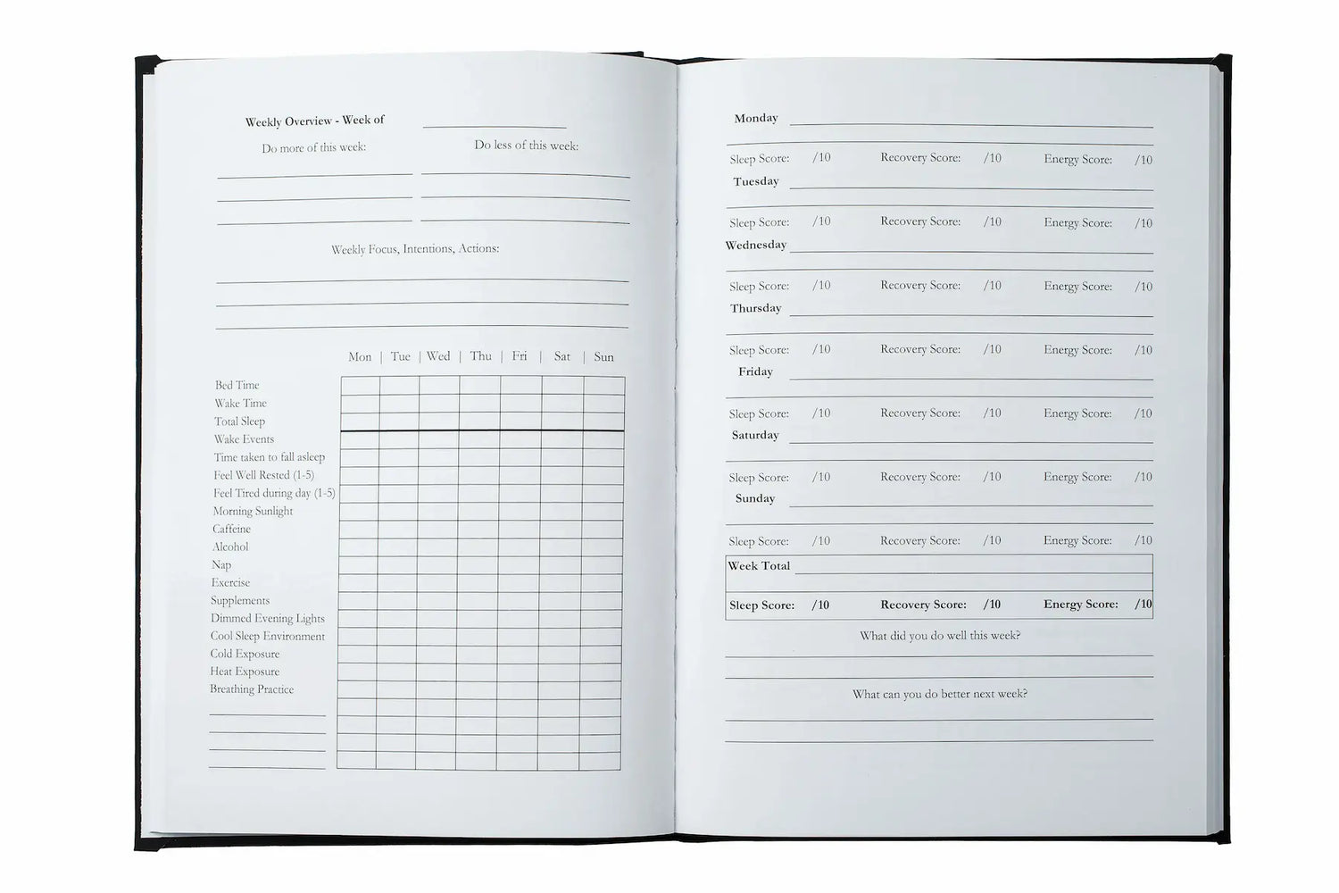 Open notebook with weekly planner layout on white background