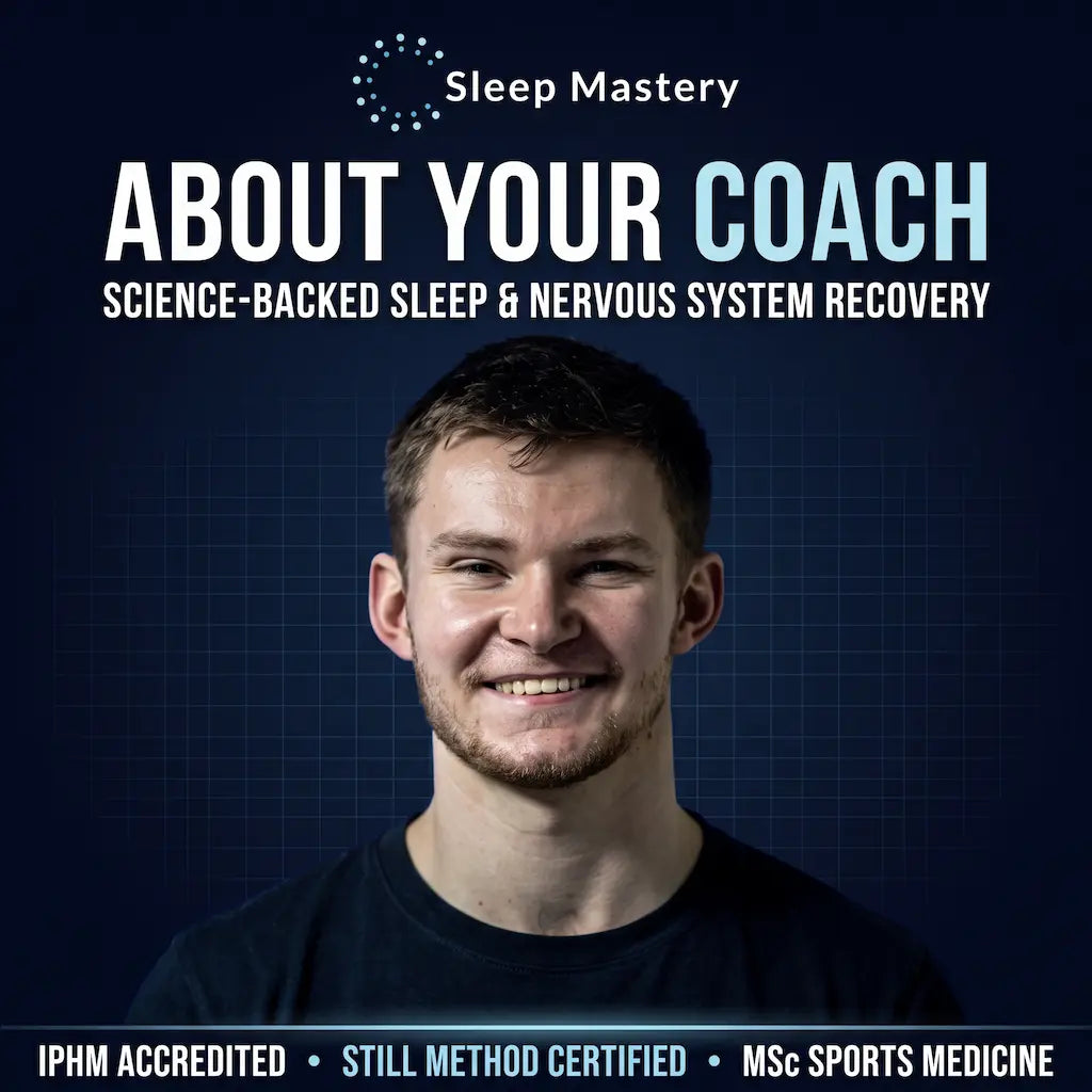 Promotional graphic for Sleep Mastery featuring a smiling man against a dark blue grid background, with large text reading 'ABOUT YOUR COACH' and smaller text 'SCIENCE-BACKED SLEEP & NERVOUS SYSTEM RECOVERY.'.
